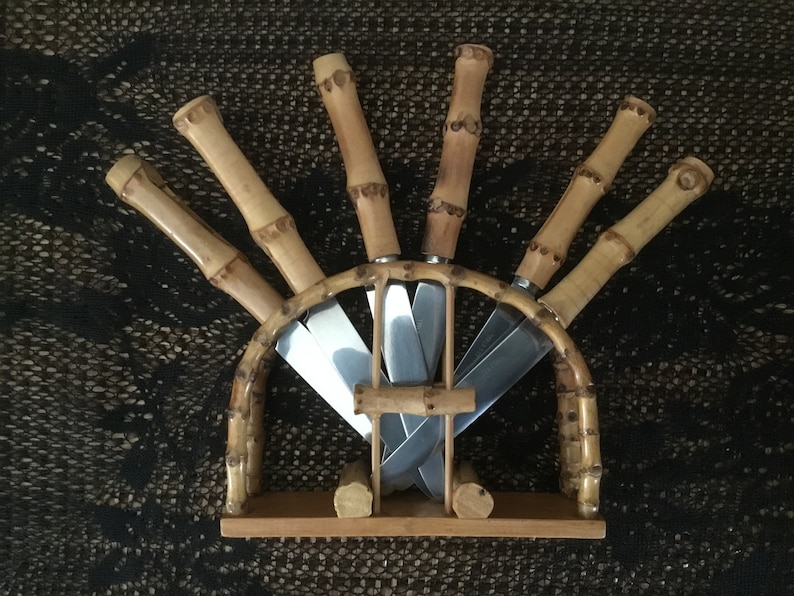 Bamboo Knives Vintage Bamboo Knife Holder With 6 Knives Mid Etsy UK
