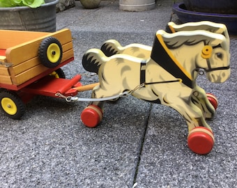 Wooden children's toys - horse and carriage - dump cart - made around 1950