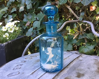 Enamelled Glass Bottle with Original Stopper - Perfume Bottle Mary Gregory - Boy with Bird on Hand Ca.1895