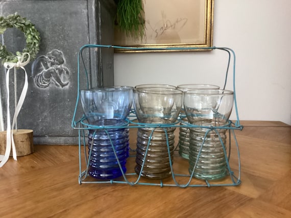 Vintage Lemonade Glasses in Rack - 3 Colors of Glass - Made