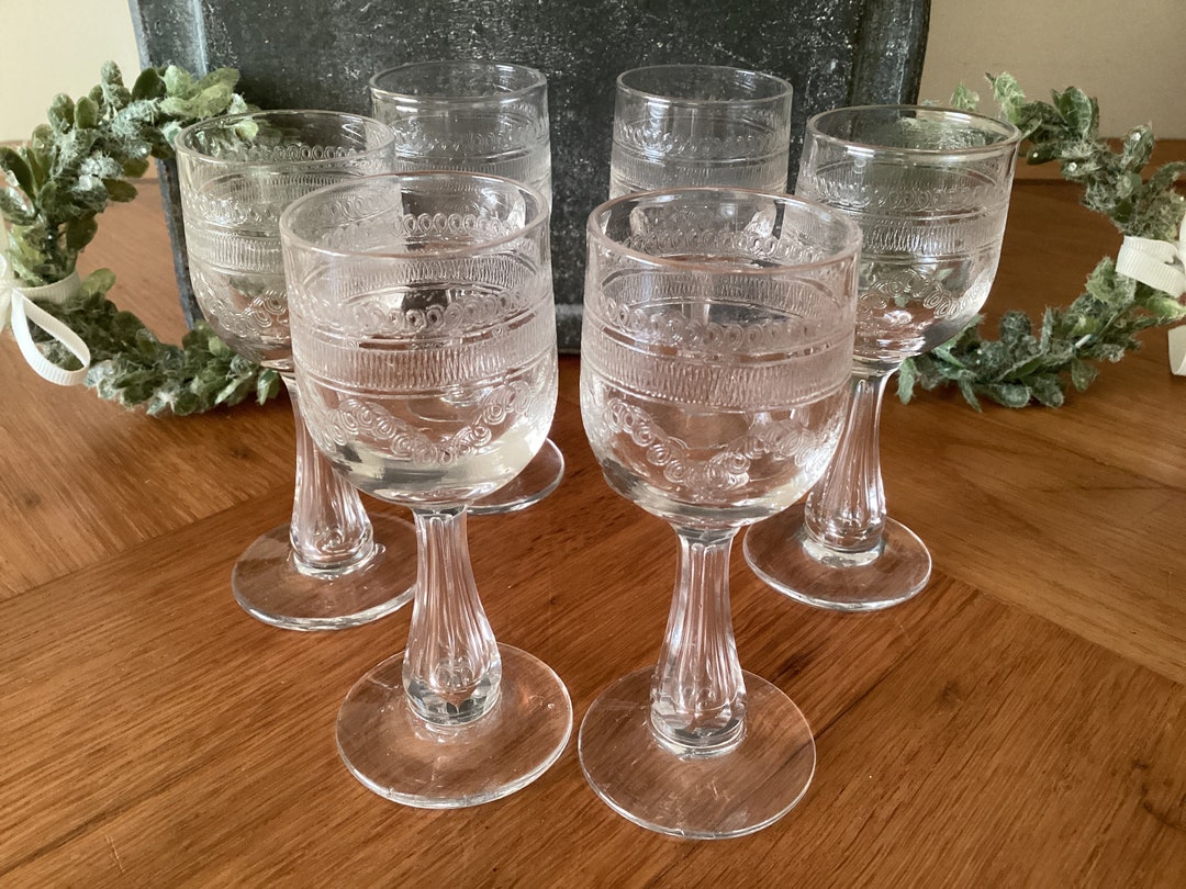 Small Antique Liqueur Glasses Set of 6 Pieces Needle Etched Motifs Made