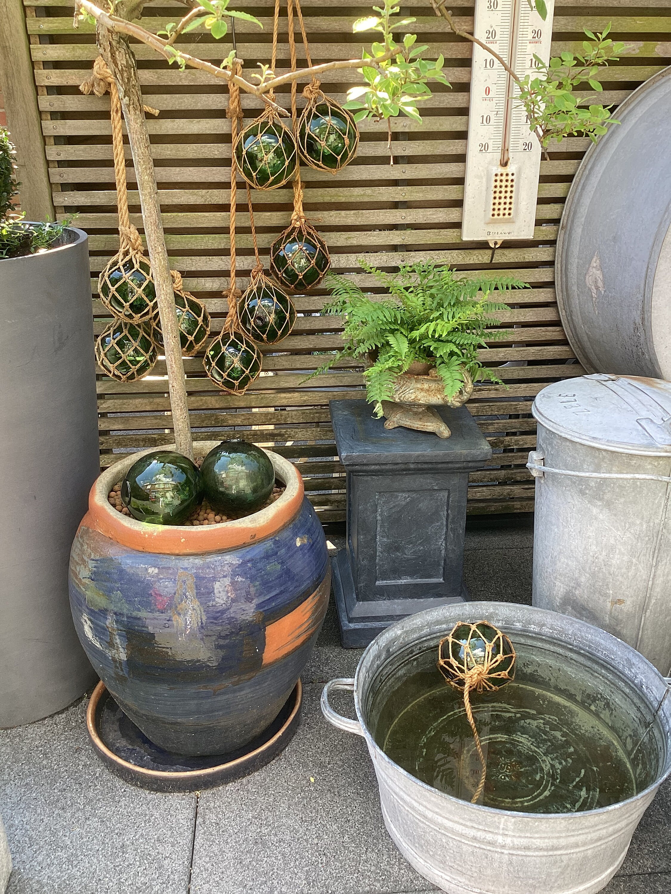 Ancienne Boule Flotteur Pêche – Verre Vert – Avec Filet Corde – Déco Marine