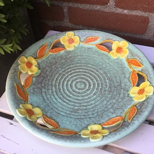 Openwork Pottery Plate Beautiful in Shape Decorated with Yellow / Orange Flowers Approx. 1970