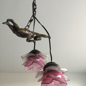 Angel Chandelier - hanging lamp with a Cherub - 2 light points - original pink glass rose shades - old bronze lamp - natural patina