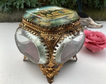 Charming French jewelry box - Jewelry box with special hand-painted scene with camel - interior with silk padding