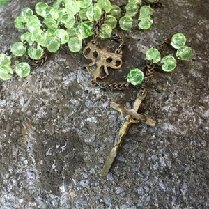 Rosary of Uranium Glass Beads Ca.1870 - Anna green glass prayer beads - religious necklace for prayer - copper Crucifix