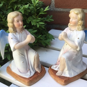 Biscuit porcelain Angels - 2 kneeling praying angels - Antique Biscuit Porcelain - holy image