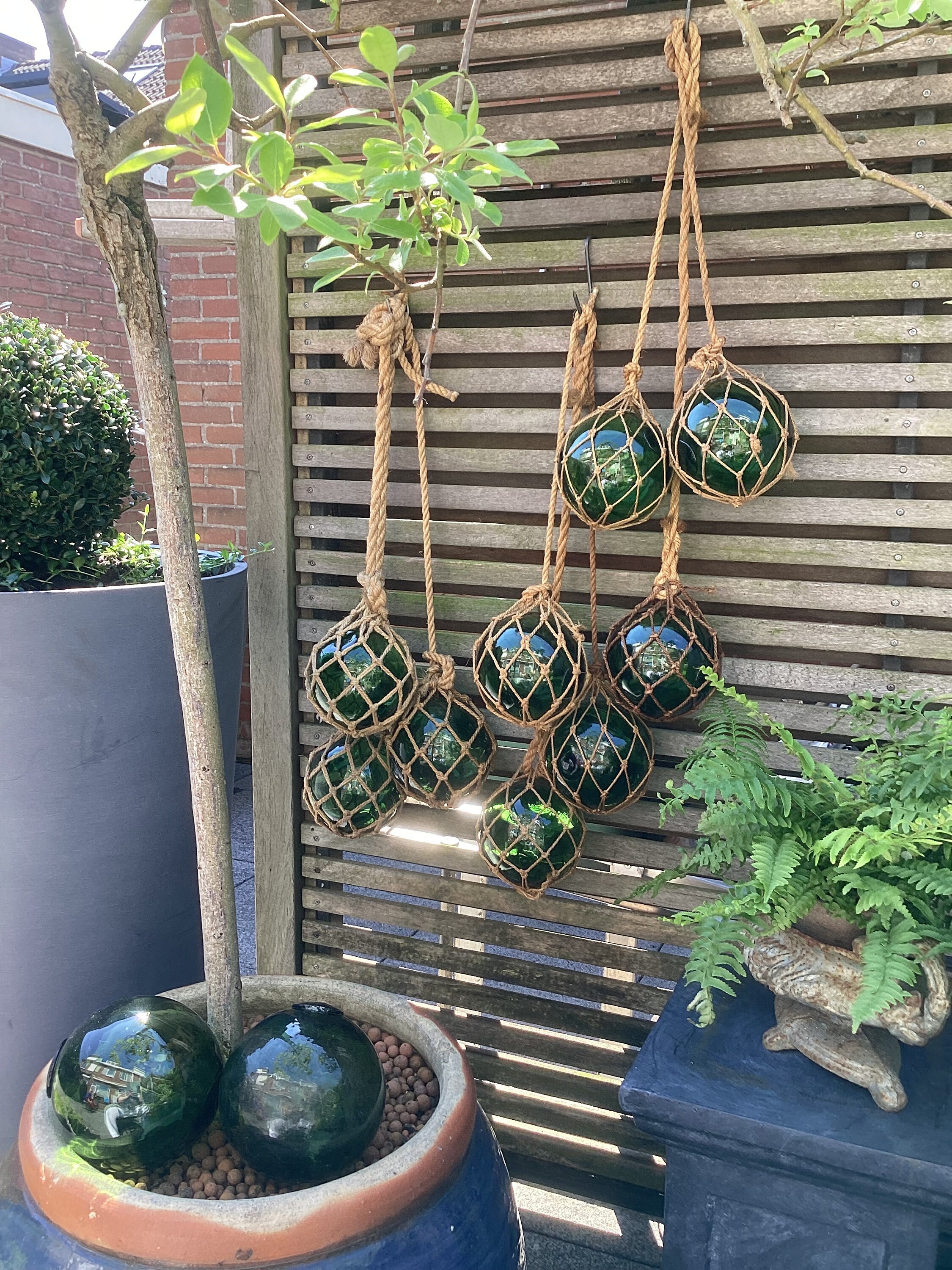 Ancienne Boule Flotteur Pêche – Verre Vert – Avec Filet Corde – Déco Marine
