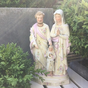 Large Holy Statue of Joseph and Mary with Baby Jesus - large Antique Biscuit Porcelain holy statue