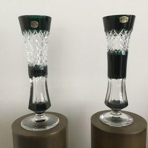 Val Saint Lambert - both vases are made of dark green cut crystal - signed - famous Belgian Cristallerie - made ca. 1960