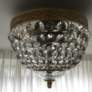 French Crystal Ceiling Light with Crystals and Cut Brass Top Rim, Crystal Base