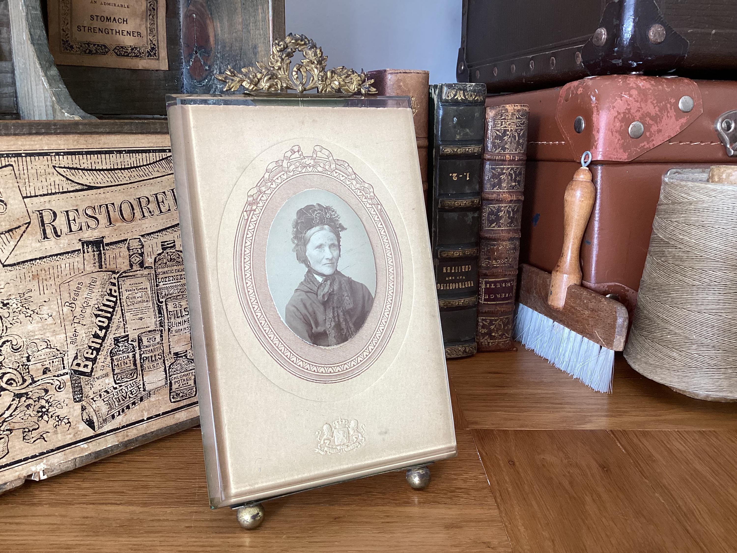 Antique French Photo Frame with a Crown of Beautiful Flowers - Old Photo Frame with Romantic Look Ca. 1900