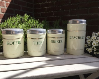 Enamel Coffee, Tea, Sugar and Rusk storage containers - enameled in Cream color with Aluminum lids - made around 1950 - without damage
