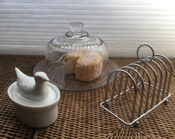 Tapas set, toast holder rack 1980 - glass saucer with bell jar 1970 - butter, pate, olive jar 1990 vintage gift set