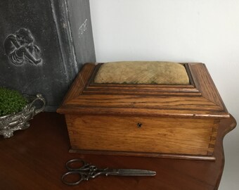 Wooden Crafts Box with original pincushion on the lid - for storing various crafts/sewing supplies - made around 1920