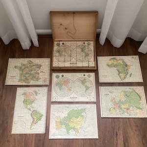 Atlas Geographical Puzzle – Antikes Holzspielblock-Puzzle – 6 farbige Litho-Karten – 19. Jahrhundert – vollständig – hergestellt um 1870