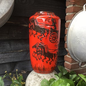 Red Earthenware Vase - Beautifully Decorated with Chariots, Horses and Warriors - W Germany Ca. 1960 Beautiful Without Content of Flowers