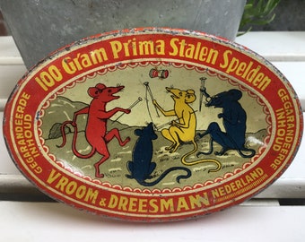 Pin tin Playing Mice - Special Vroom and Dreesman Tin - published by V&D 1920-1930 - Dutch Manufacture - rare tin