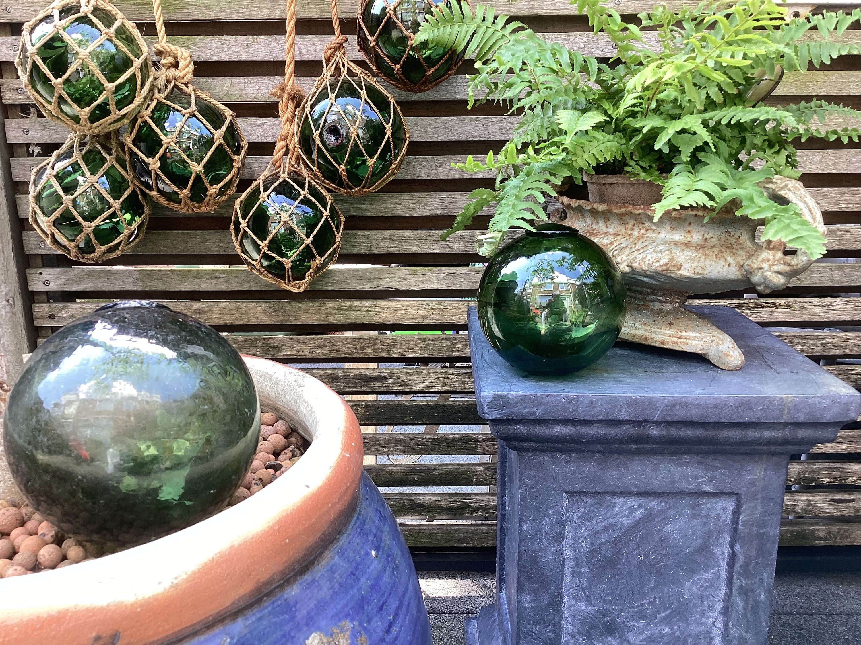 Old glass fishing balls - floating ball - fishing net float - made of glass in a beautiful color - glass with rope decorative for pond and garden