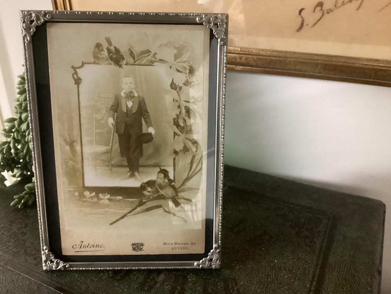 May include: A silver-toned picture frame with a black mat and a sepia-toned photograph of a young boy in a suit and hat. The photo is surrounded by a decorative border of birds and leaves. The frame has a label that reads "Antoine" and "Rue Notre Dame 33, Anvers".
