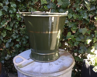 Green Enamel Bucket - enameled metal with iron handle and wooden handle - useful kitchen decoration from around 1920