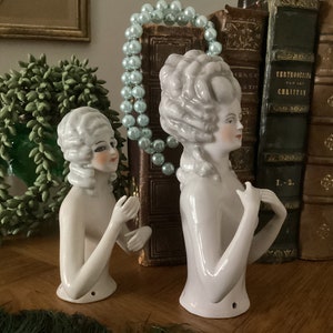 Marie-Antoinette Half doll - Beautiful German porcelain half doll with her high up powdered wig / hair made around 1920