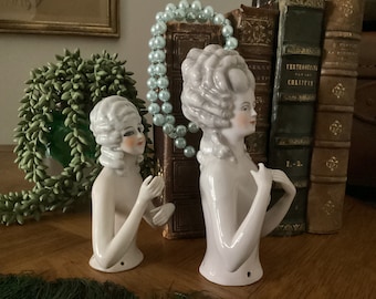Marie-Antoinette Half doll - Beautiful German porcelain half doll with her high up powdered wig / hair made around 1920