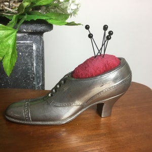 Large Old Pincushion in the shape of a Victorian Shoe with Heel - Straw Filled and Red Velvet Covering Ca.1920s