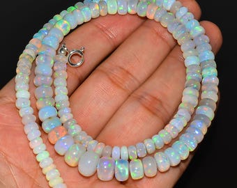 AAA+ Grade Ethiopian Opal Beaded Necklace Multi-Fire Rondelle Beads, Ethiopian Opal Beaded Necklace: 925 Sterling Silver, Gift For Her