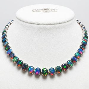 AAA+ Black Fire Opal Necklace' Natural Ethiopian Opal Tennis Necklace' 925 Sterling Silver Necklace' AAA+ High Opal Necklace' Gift For Her.