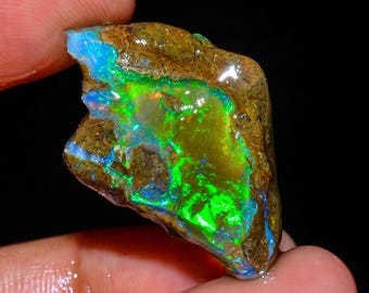 Puede incluir: Una piedra preciosa de ópalo en bruto, sin cortar, con una matriz marrón. El ópalo muestra destellos vibrantes de verde, azul y naranja, creando un juego de color. La piedra se sostiene entre los dedos, mostrando su forma natural y en bruto.