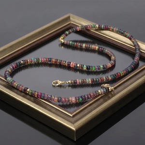 AAA+ Black Ethiopian Opal Beaded Necklace, Smoked Rondelle Beads, Natural Fire Opal Beaded Necklace: 925 Sterling Silver, Gift For Her.