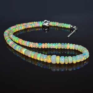AAA+ Grade Ethiopian Opal Beaded Necklace Multi-Fire Rondelle Beads, Ethiopian Opal Beaded Necklace: 925 Sterling Silver, Vintage Style