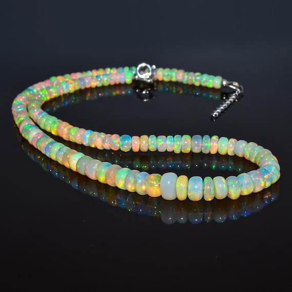 AAA+ Grade Ethiopian Opal Beaded Necklace Multi-Fire Rondelle Beads, Ethiopian Opal Beaded Necklace: 925 Sterling Silver, Gift For Her