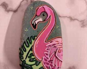 Flamingo with Monstera Rock Painting