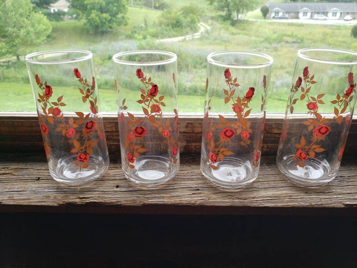 Vintage Rote und Braune Rose Print Trinkgläser | Etsy