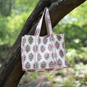 Quilted Cotton Handprinted Tote Bag Eco friendly Sturdy Grocery Shopping Handmade Artist Boho Carry