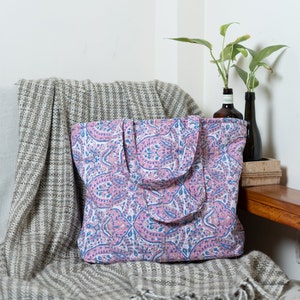 Quilted Cotton Handprinted Large multicolor Floral Tote Bag Eco friendly Sustainable Sturdy Grocery Shopping Handmade Boho bag