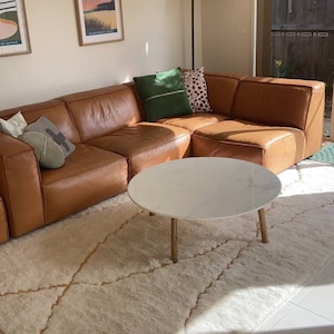 Handmade Moroccan M&#39;rirt Rug: Natural Wool, Orange Lines