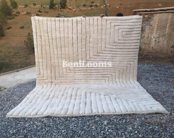 Handcrafted White Moroccan Berber Rug with Beige Lines - Custom Beni ourain Wool Mrirt Carpet