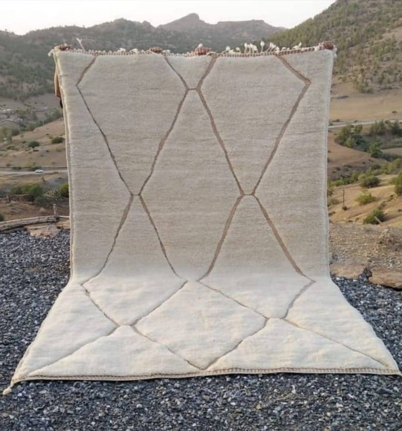 Stylish Beni Ourain Rug 8x10 in Off White with Terracotta Hallowed Lines | New Berber Design | Modern Area Rugs for Bedroom