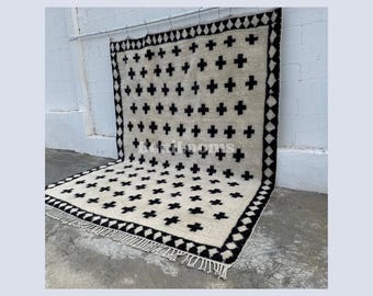 Hand-knotted Wool Moroccan rug, Black Crosses, Custom M'rirt Area Rug