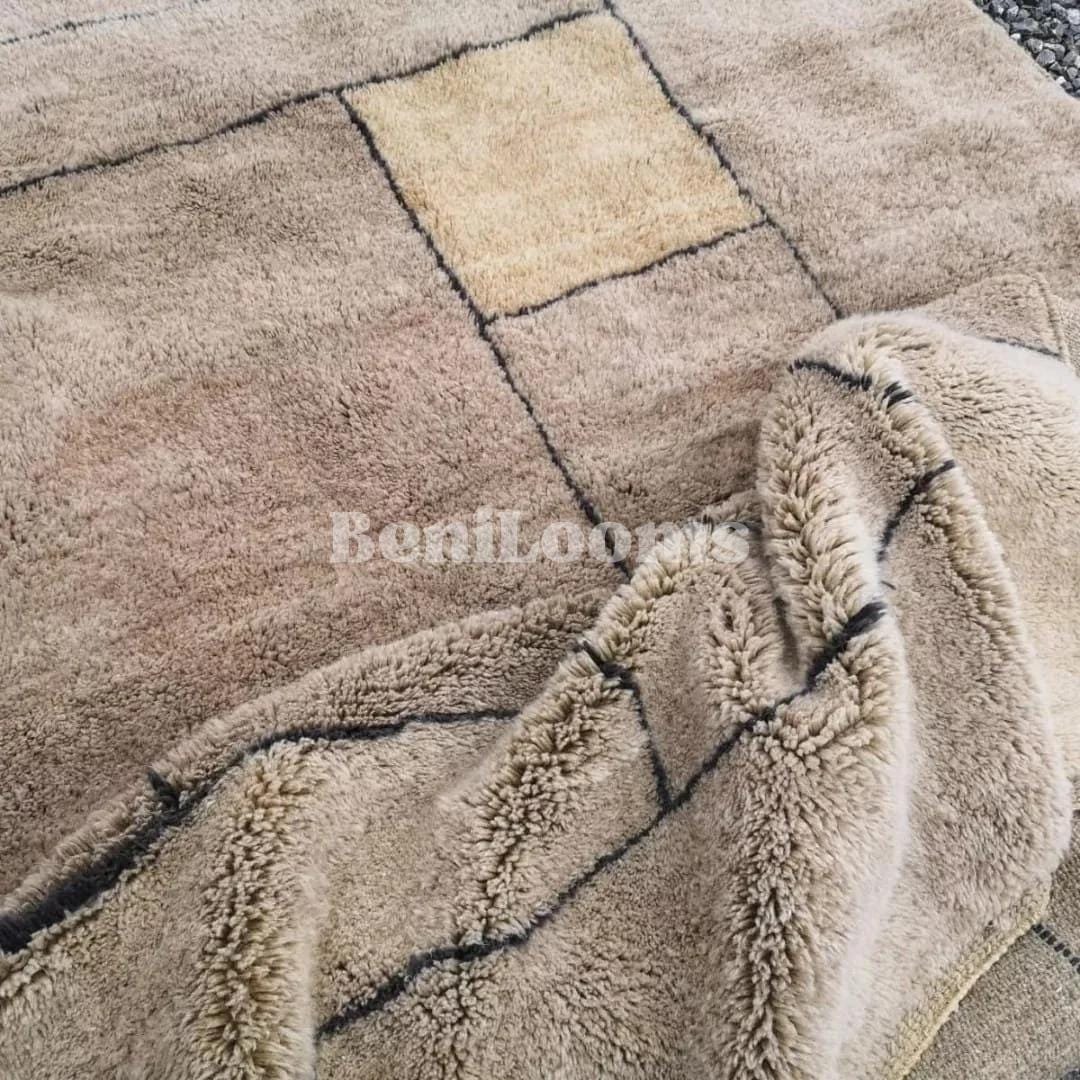 Neutral Grid Moroccan Rug — Mrirt Wool, Warm Taupe With Charcoal Lines ...