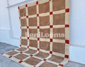 Alfombra bereber marroquí — Alfombra de lana anudada a mano con diseño de cuadrícula, tamaño personalizado por encargo, alfombra de terracota hecha a mano.