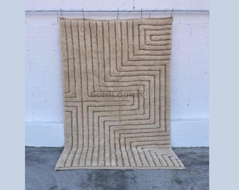 Handcrafted White Moroccan Berber Rug with Beige Lines - Custom Beni ourain Wool Mrirt Carpet