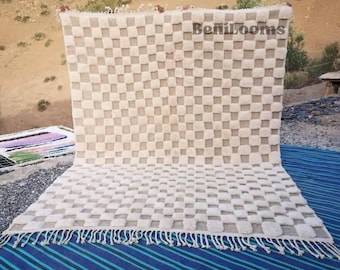 Custom Checkered Rug | Moroccan Handmade Wool with Fluffy White High Pile & Beige Hollow Squares | Area Rug to be Made to Order