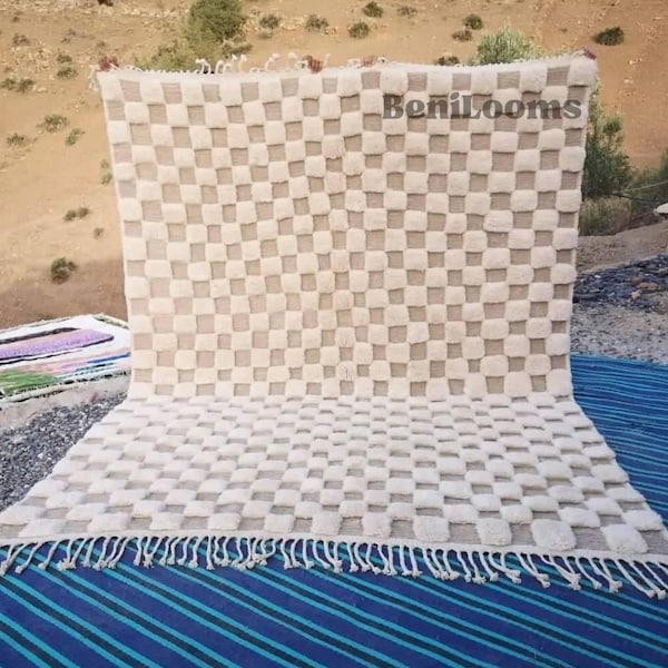 Tappeto in lana a quadri personalizzato / Tappeto marocchino a pelo alto fatto a mano (realizzato su ordinazione)