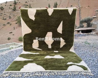 Green Olive Color Moroccan Rug | Custom Made Fluffy Wool Area Rug