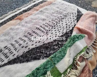 Luxury Moroccan Abstract Mrirt Wool Rug - Handmade Green Beni ourain Carpet for Living Room