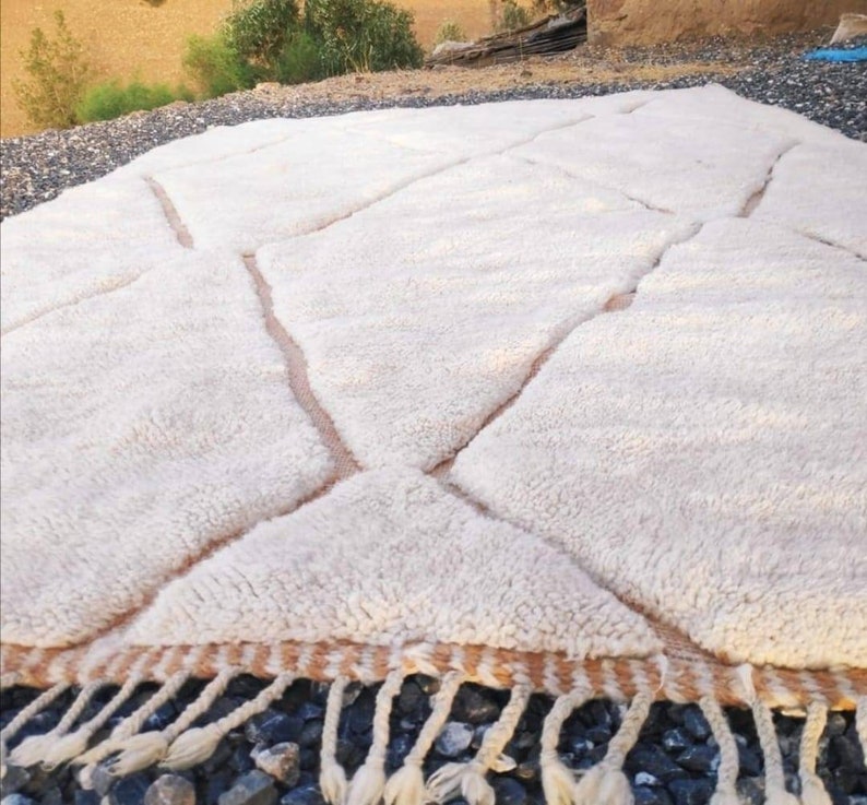 Moroccan Beni Mrirt Rug 8x10 | Unique Off White with Terracotta Lines | Modern Berber Area Rug | Natural Color for Stylish Bedrooms